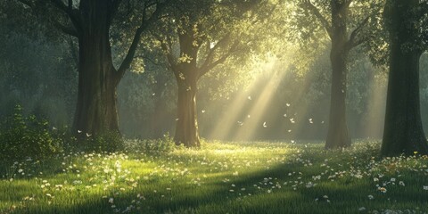 Obraz premium A misty forest at dawn sunlight trees tranquil.