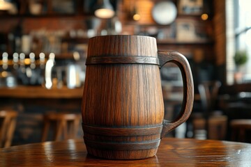 Rustic wooden beer mug on table in cozy pub setting