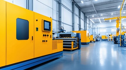 Obraz premium A modern manufacturing facility featuring bright yellow machinery and a spacious, well-lit interior designed for industrial production.