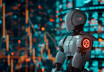 Fototapeta premium A detailed Vray-rendered 3D image of an AI trading robot studying Forex graphs, representing automated stock market trading, crypto investments, and financial technology advancements.