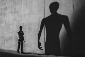 Fototapeta premium A man stands in front of a wall with a shadow of a man on the wall