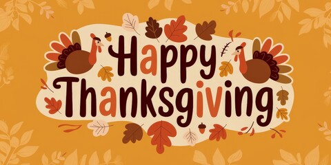 Obraz premium Whimsical Happy Thanksgiving Design with Turkeys and Autumn Leaves on Warm Orange Background, Perfect for Holiday Greetings and Festive Decor.