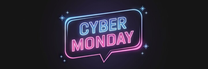 Obraz premium Vibrant Neon Cyber Monday Signage Against a Dark Background, Perfect for Marketing Promotions, E-commerce Advertisements, and Holiday Sales Campaigns.