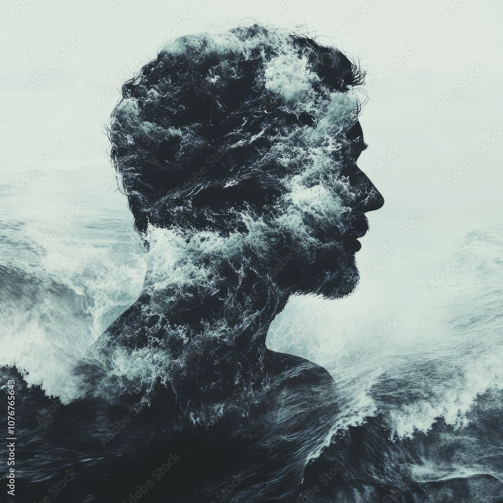 Aufkleber Double Exposure Portrait of Man with Ocean Waves Creating a Surreal and Artistic Visual Effect..