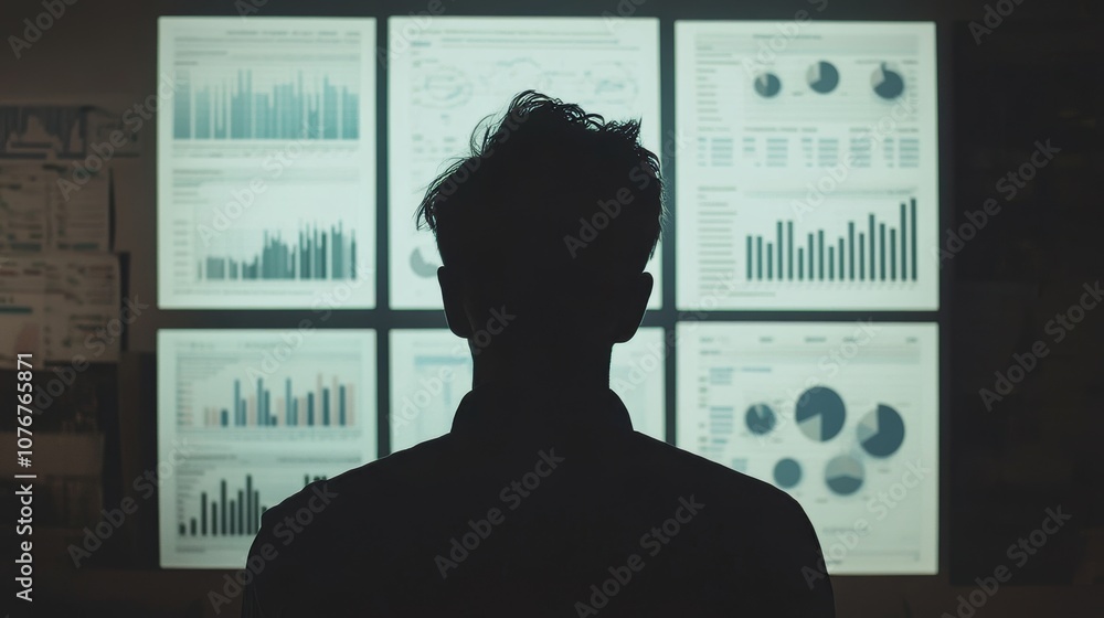 Poster a silhouette of a marketer brainstorming with seo metrics displayed on a wall.