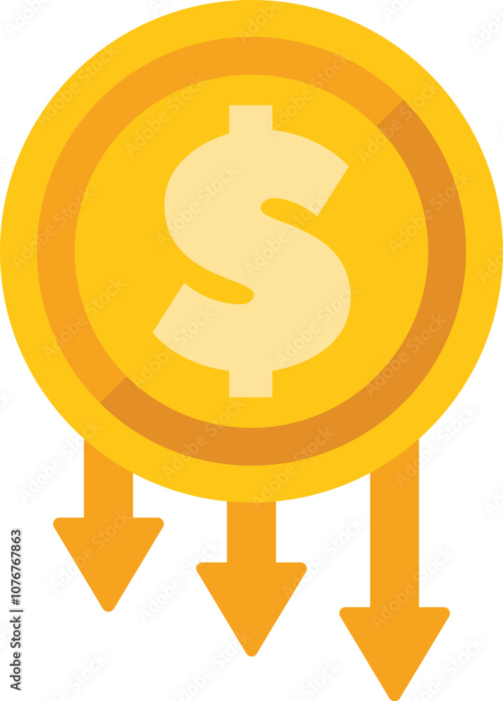 Poster golden coin with a dollar sign and three down arrows showing decrease concept