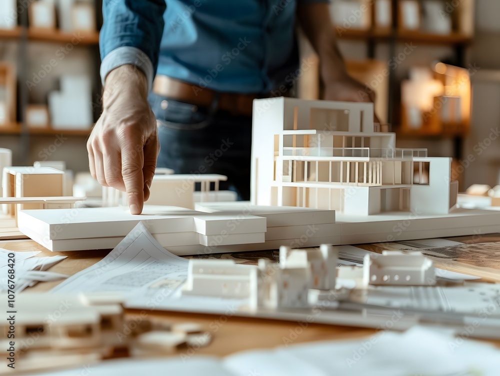 Aufkleber Architect Working on a Detailed Model with Hand Gestures and Blueprints in a Brightly Lit Studio Environment Depicting Modern Architectural Designs and Concepts