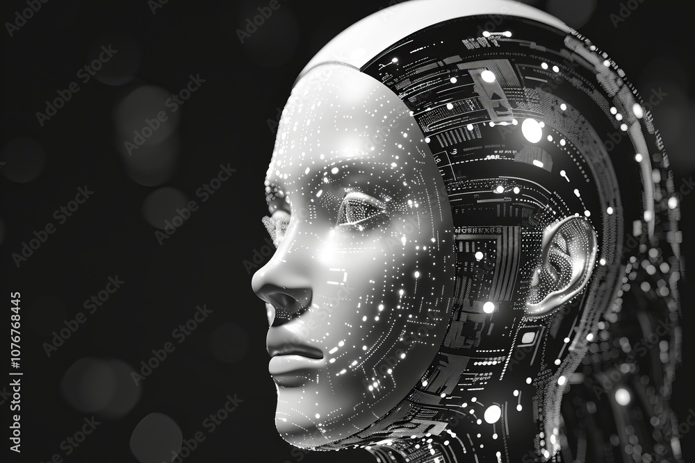 Poster futuristic ai robot head with circuitry patterns and glowing lights in a dark background