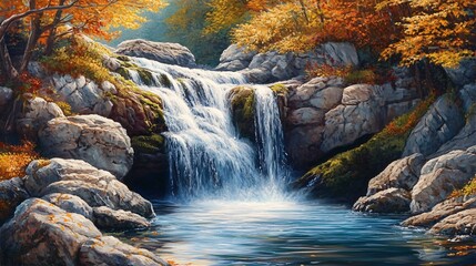Obraz premium A majestic waterfall flowing over moss-covered rocks, surrounded by vibrant autumn foliage and a calm pool at the base