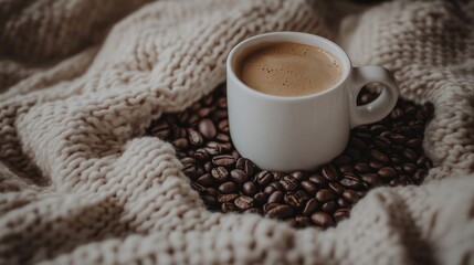 Cozy White Cup with Hot Coffee on Stylish Knit Blanket