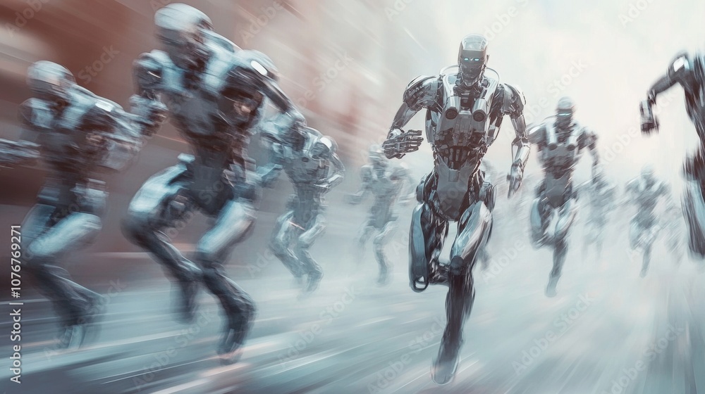 Poster futuristic robots in motion on a blurred urban background depicting advanced technology and speed