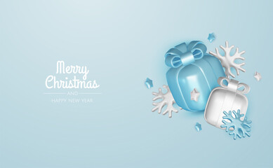 Christmas winter festive composition. Colorful Xmas background realistic 3d decorative design objects, christmas tree, gift boxes, xmas ball, gold confetti. Happy New Year. Vector illustration