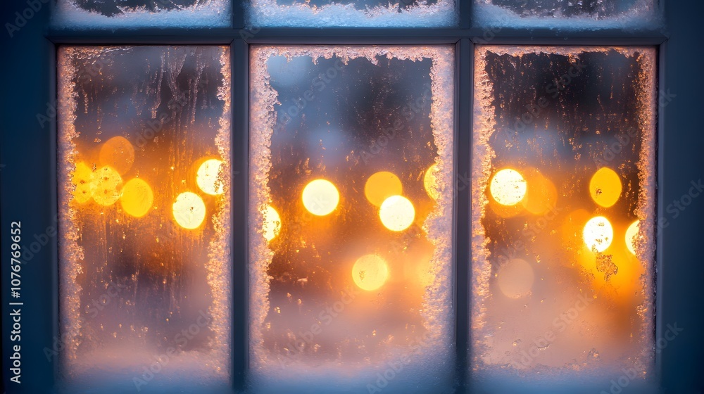 Canvas Prints frost-covered window featuring golden bokeh lights and a soft atmospheric holiday backdrop