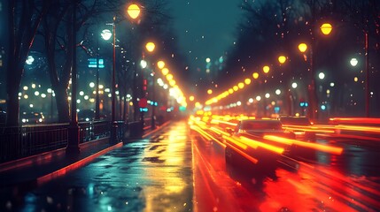 Obraz premium A line of solar-powered street lights illuminating a dark city road, soft warm light spreading across the pavement, cars passing by, urban nightlife, photorealistic style, vivid colors,