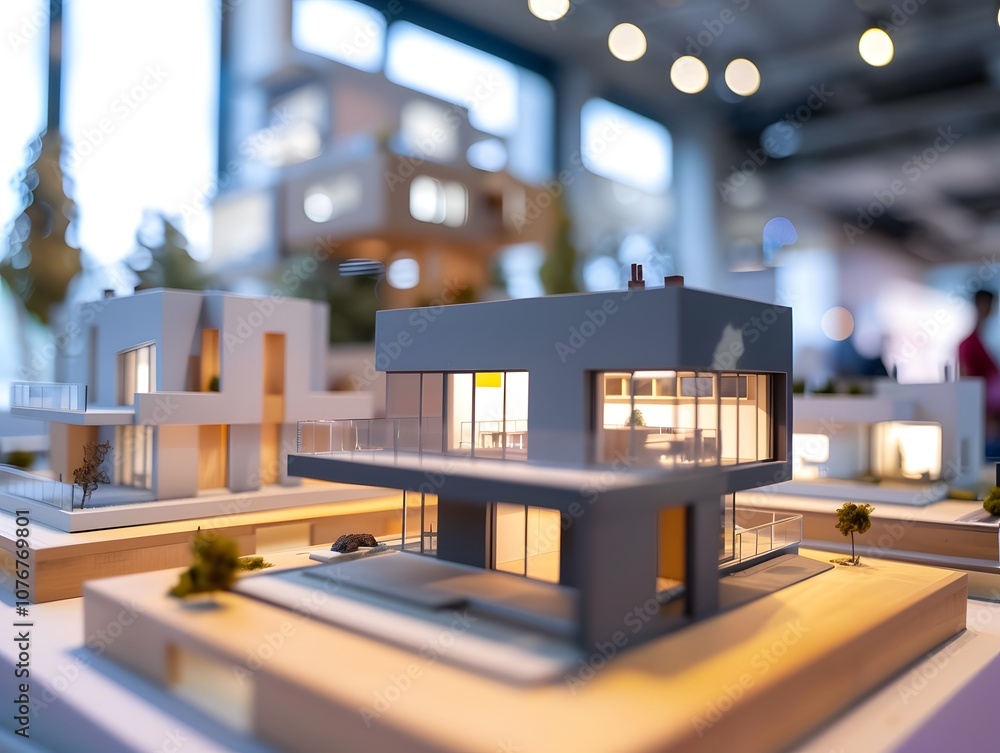 Poster Modern Architectural Model Showcasing Innovative Design Elements and Creative Use of Space with Attention to Detail in a Bright Environment