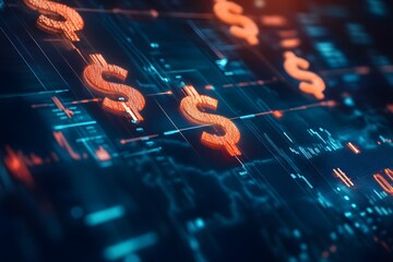 Digital representation of dollar symbols on a stock market interface with bright red and blue tones and financial data background