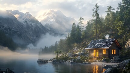 Obraz premium A small cabin with solar panels providing power, set against a backdrop of rugged mountains, mist rising from the forest, morning light illuminating the scene, isolated and serene,