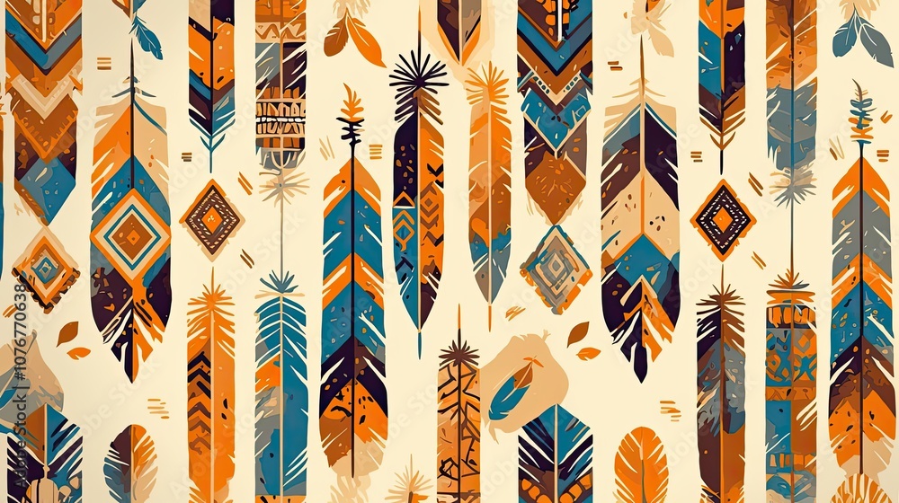 Poster abstract pattern of stylized feathers with geometric designs