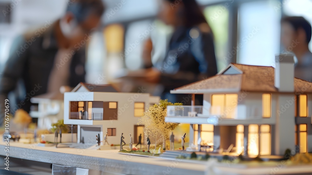 Aufkleber Detailed Architectural Models Showcasing Modern Home Designs in a Collaborative Setting with Professionals Discussing Project Ideas and Concepts