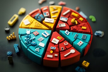 3D pie chart segmented into various colorful sections with social and technological icons, on a sleek dark background, ideal for data visualization