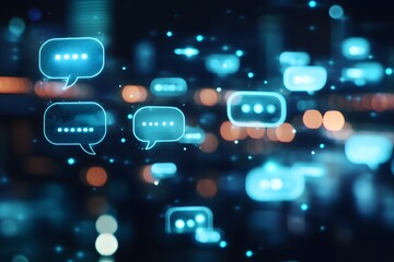 Naklejka premium High-tech digital chatbot interface with glowing communication icons and connected lines, symbolizing AI-driven messaging, on a cybernetic theme background