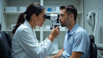 Attractive female doctor ophthalmologist is checking the eye vision of handsome middle age man in modern clinic. Doctor and patient during medical check up in ophthalmology clinic.
