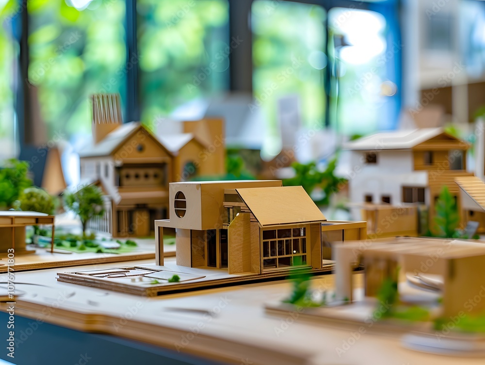 Poster detailed architectural model displaying innovative designs and natural lighting in a workshop enviro