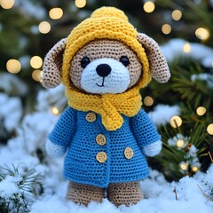 amigurumi a dog in blue coat and yellow hat