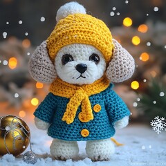 amigurumi a dog in blue coat and yellow hat