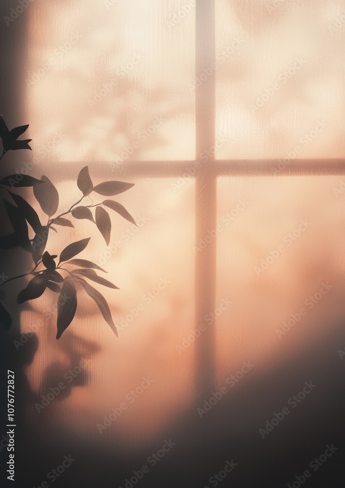 Poster a leafy plant is in front of a window with a cross in the background