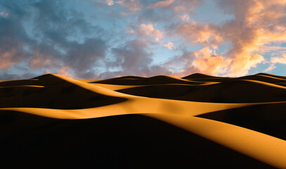 Sand dunes Sahara Desert at sunset and sandstorm, 3D illustration