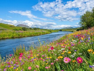 Obraz premium A river flowing through a lush spring landscape, wildflowers and green grasses lining the bank, vibrant and fresh under a blue sky