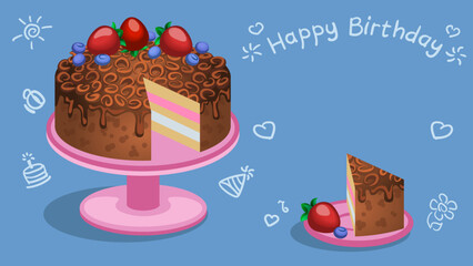 Birthday cake. Greeting card, holiday gift, party gift. Chocolate dessert with chocolate chips in the form of curls. Healthy berries. Drops of dripping chocolate. Easy to add text and name. 