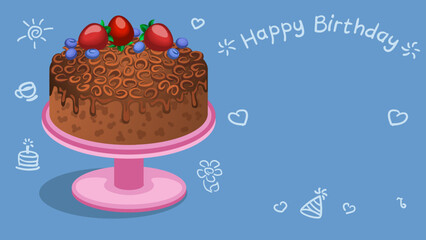 Birthday cake. Greeting card, holiday gift, party gift. Chocolate dessert with chocolate chips in the form of curls. Healthy berries. Drops of dripping chocolate. Easy to add text and name. 