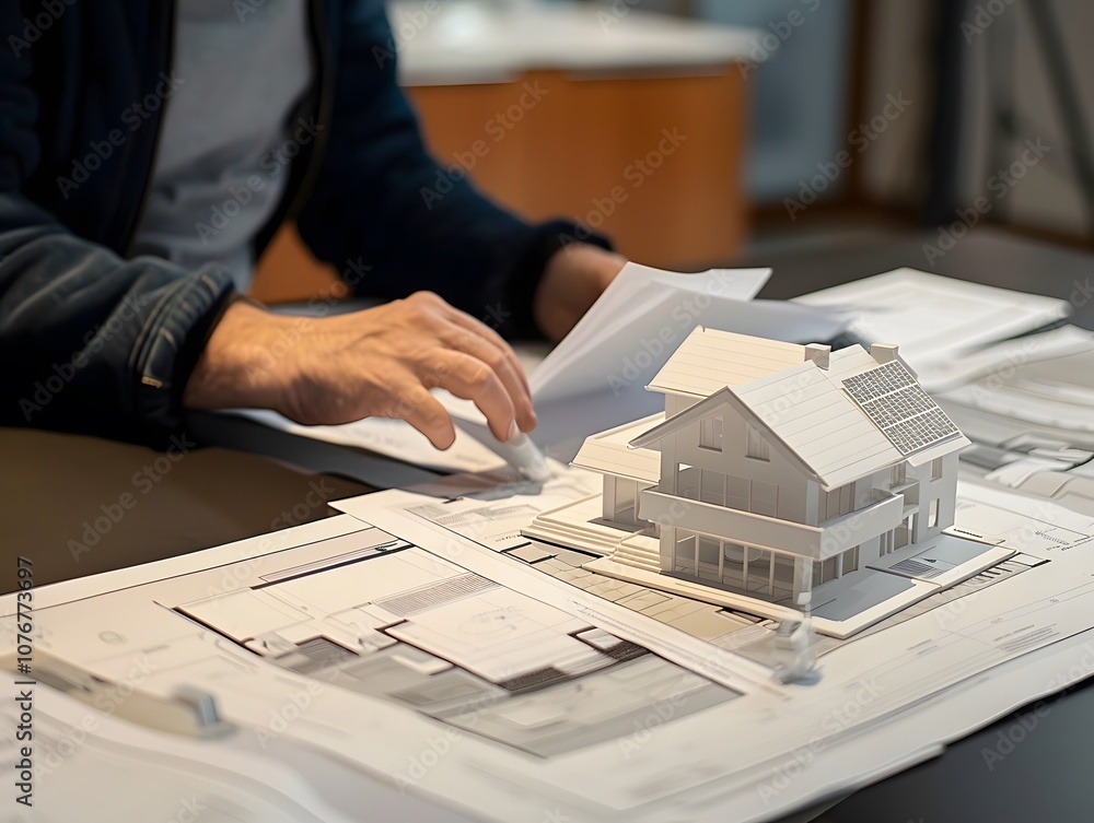 Aufkleber Detailed Architectural Model in Design Studio Setting with Building Plans and Hands Preparing Papers for Construction Project Review