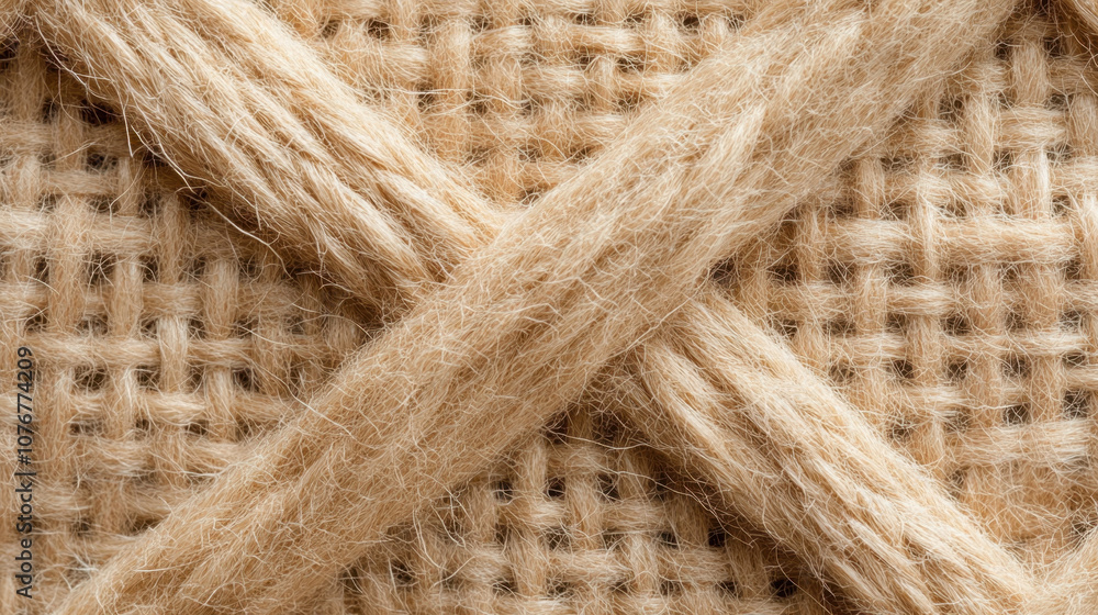 Poster a close-up view of woven burlap fabric featuring intersecting jute threads, creating a textured, nat