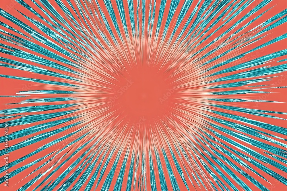 Poster vivid peach and cyan visual burst effect with shimmering rays on isolated background