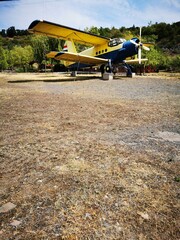 Vintage aircraft on display in a rustic outdoor setting surrounded by trees during a sunny afternoon