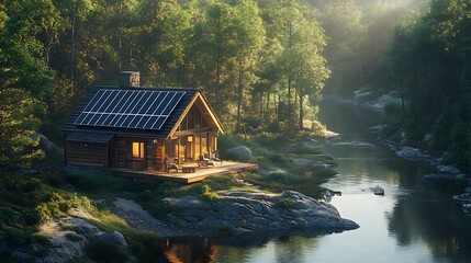 Fototapeta premium Aerial view of a solar-powered cabin in the wilderness, surrounded by dense forest and a tranquil river, solar panels glistening in the sunlight, peaceful and off-grid setting, sharp focus,