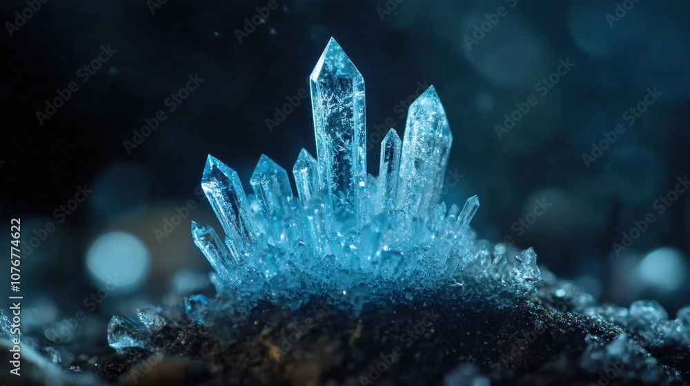 Poster a cluster of shimmering blue crystals rises from a dark surface, capturing light and creating a magi