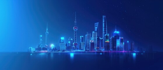 Futuristic skyline glowing night