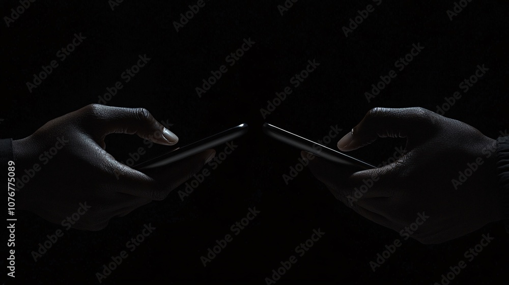 Aufkleber Two hands using different devices transferring funds seamlessly symbolizing cross-device transactions and interconnected finance with side empty space for text Stockphoto style