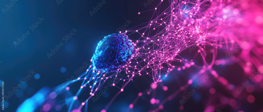 Poster futuristic ai vision, vibrant glowing neural networks intertwine, creating an abstract landscape tha
