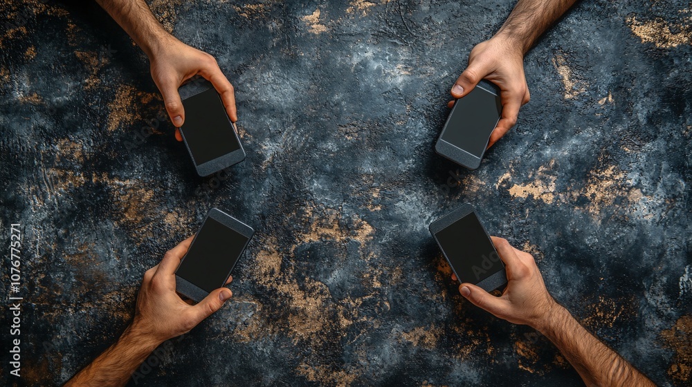 Poster Two hands using different devices transferring funds seamlessly symbolizing cross-device transactions and interconnected finance with side empty space for text Stockphoto style