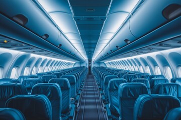 Fototapeta premium Airplane interior with empty seats. Blue toned.