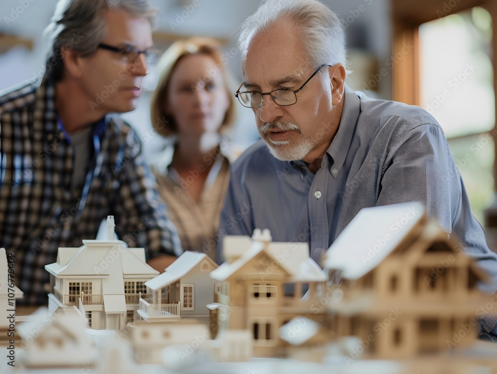 Aufkleber Group of Architects Collaborating Over Architectural Models in Design Studio, Fostering Creativity and Innovation Through Teamwork and Visionary Thinking