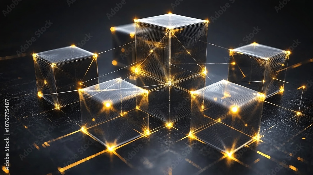 Aufkleber A graphic image of an interlinked blockchain structure symbolizing secure and decentralized fintech systems with side empty space for text Stockphoto style
