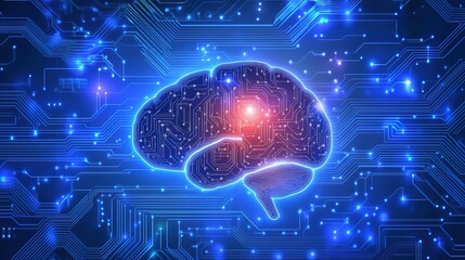 Fototapeta premium Digital AI chip integral into abstract technology brain on dark blue background. Circuit board tech bg.