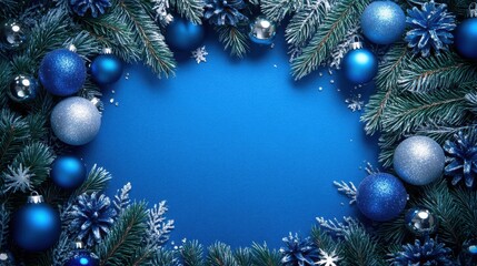 Bright blue ornaments hang among lush green pine branches, creating a cozy winter atmosphere for holiday celebrations and festive greetings. Ideal for seasonal invitations.