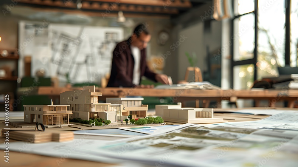 Aufkleber Modern Architectural Model on Table with Designer in Background at Creative Studio Focusing on Innovative Design and Planning Process for Future Projects